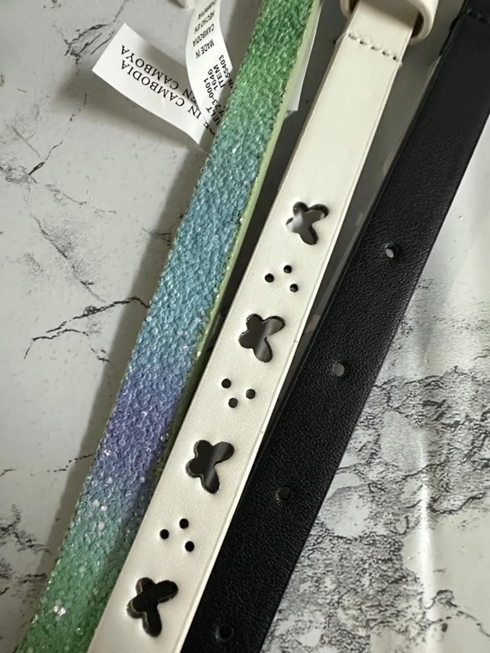 Cat & Jack 3 Belts Set Butterfly Glitter White Cutout & Black Ring Belt Size XL